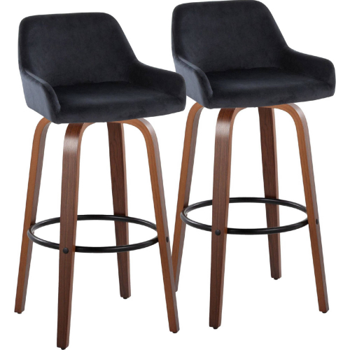 Daniella 30" Swivel Bar Stool in Walnut Wood & Black Velvet with Black Footrest (Set of 2)